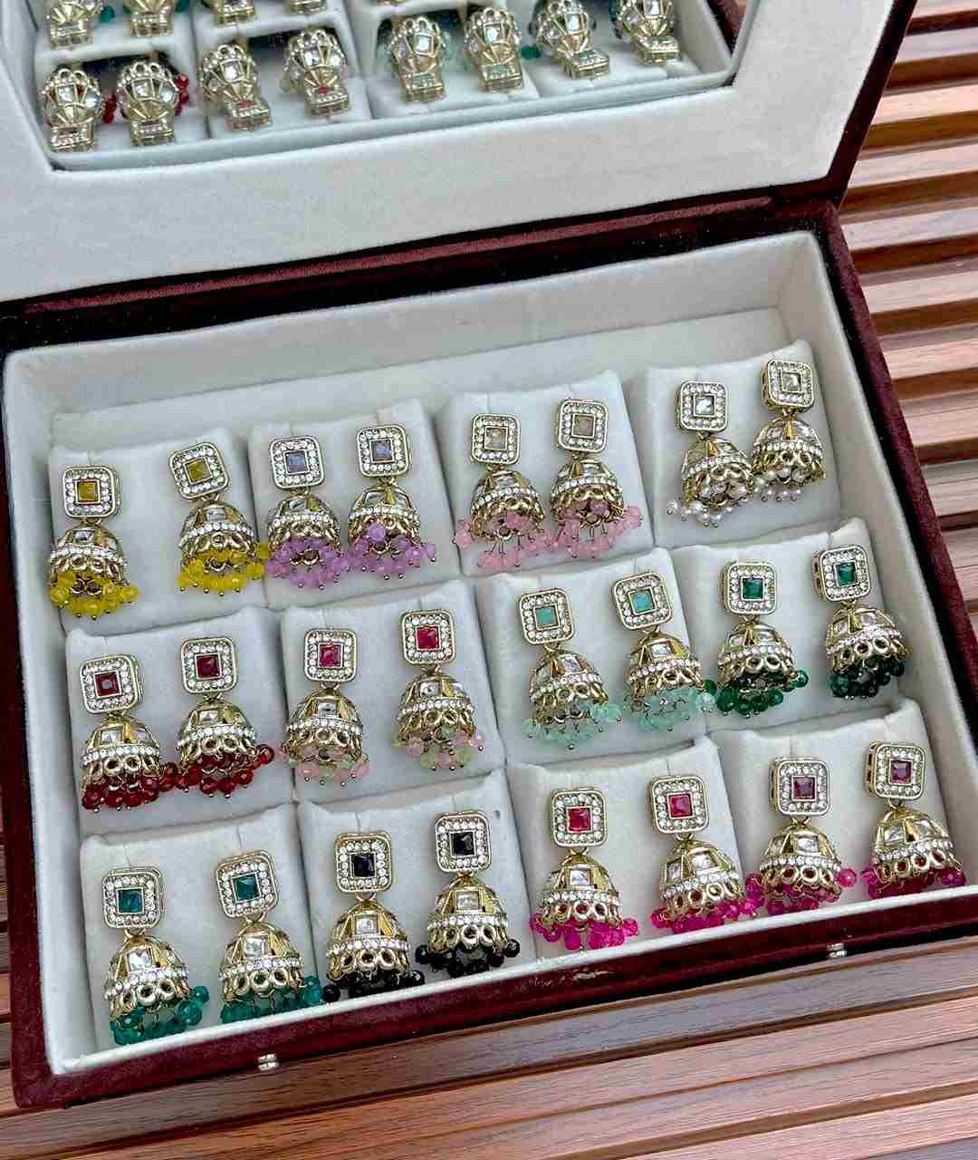 Beautiful Premium Quality 12 Pairs Different Colour Small Jhumka Mirror Box….